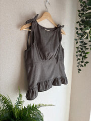 Sleeveless Top Black White Houndstooth with Ruching and Adjustable Ribbons