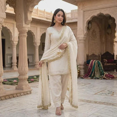 Ivory Salwar Suit Set, 3 Piece Indian Kurta Set with Gold Trim, Matching Trousers and Dupatta