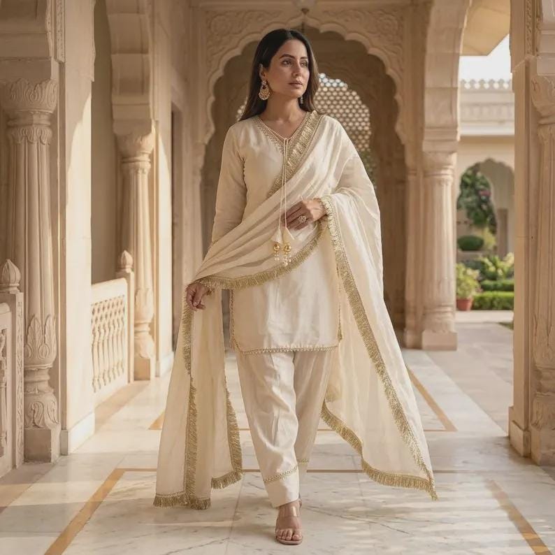 Ivory Salwar Suit Set, 3 Piece Indian Kurta Set with Gold Trim, Matching Trousers and Dupatta