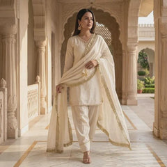 Ivory Salwar Suit Set, 3 Piece Indian Kurta Set with Gold Trim, Matching Trousers and Dupatta