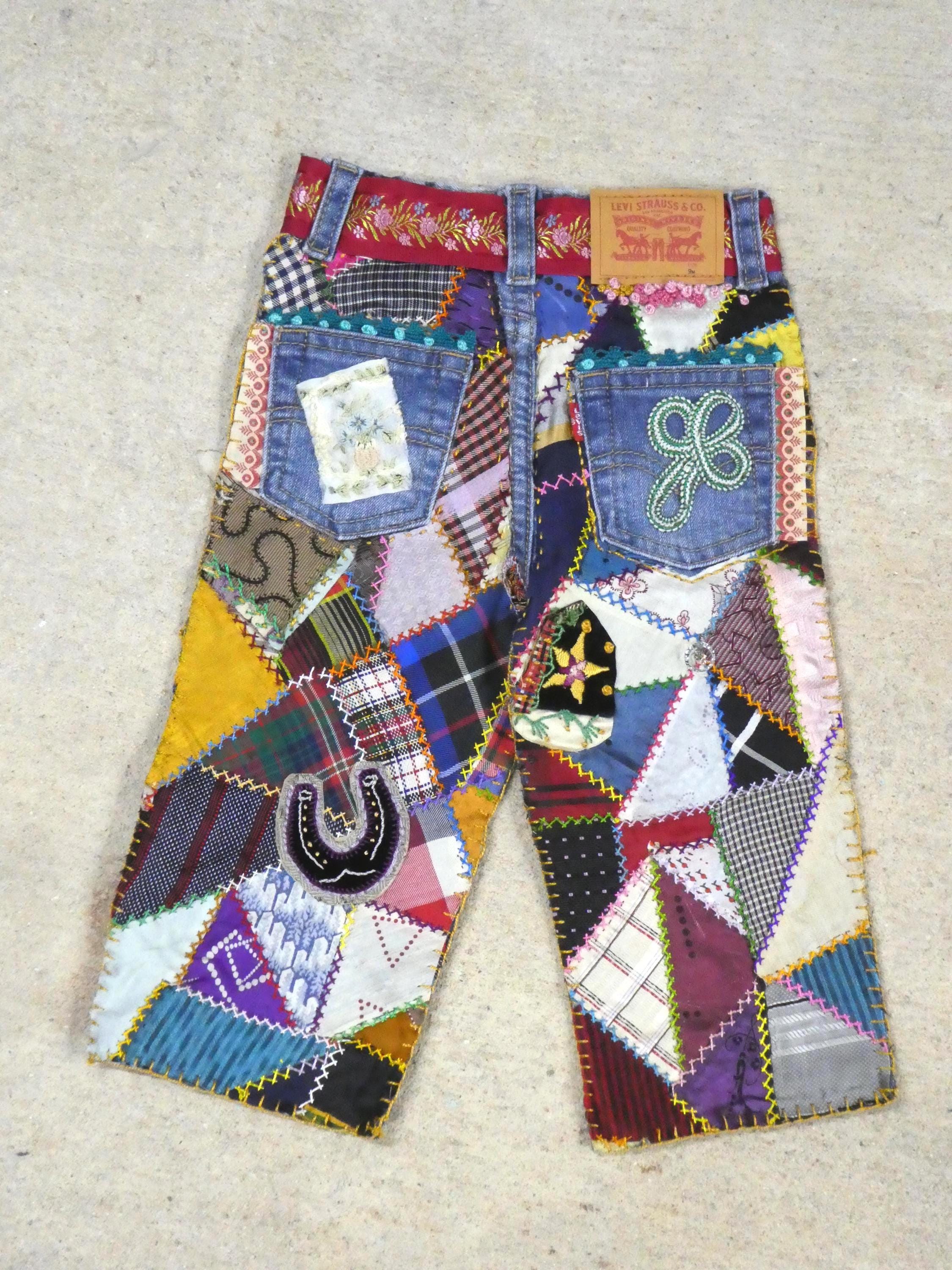 Baby Jeans Wall Art with Crazy Quilt Pieces and Glass Buttons