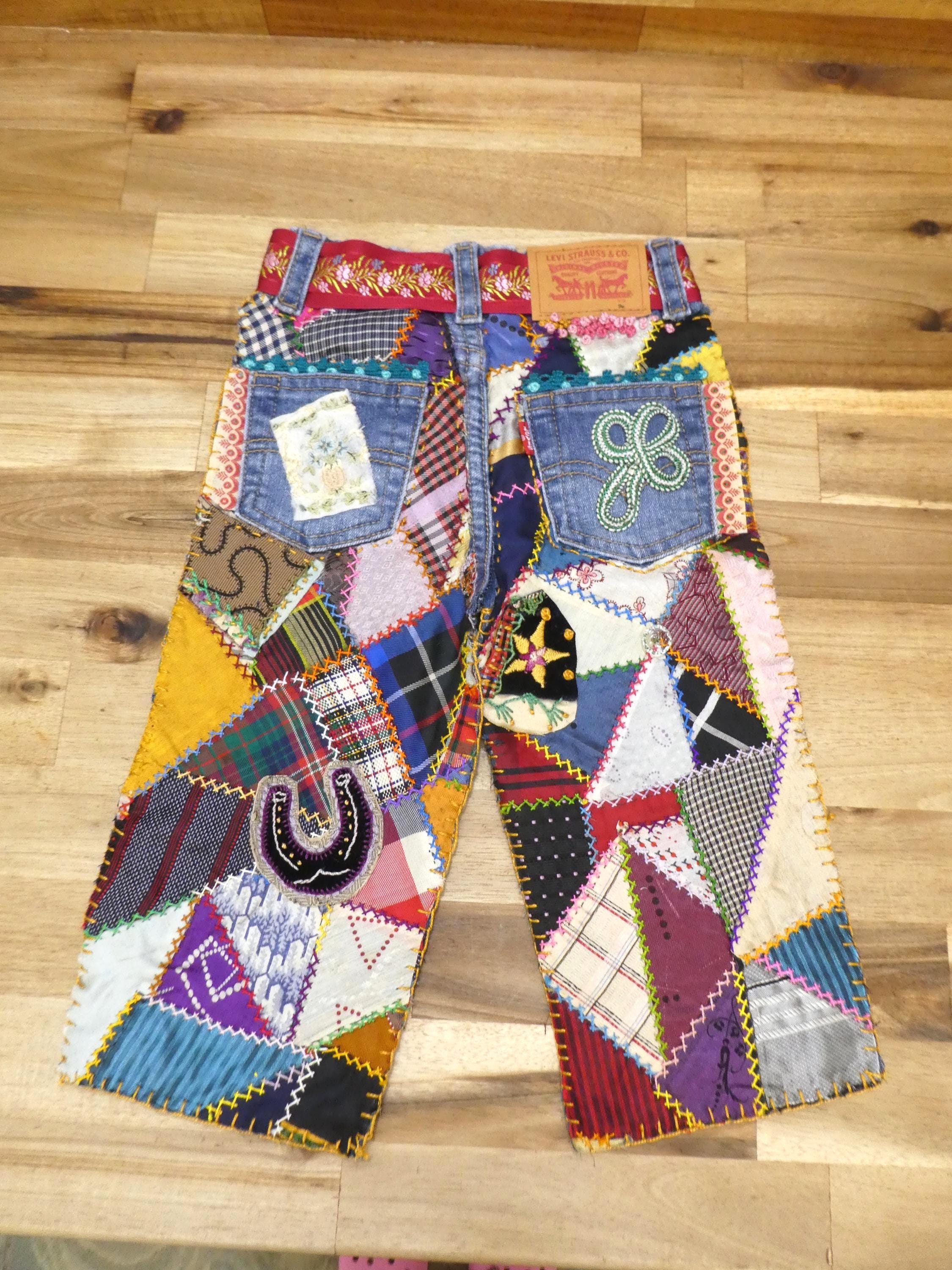 Baby Jeans Wall Art with Crazy Quilt Pieces and Glass Buttons
