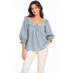 LC Lauren Conrad Women's Small Blue Lace Square Neck Balloon Sleeve Blouse